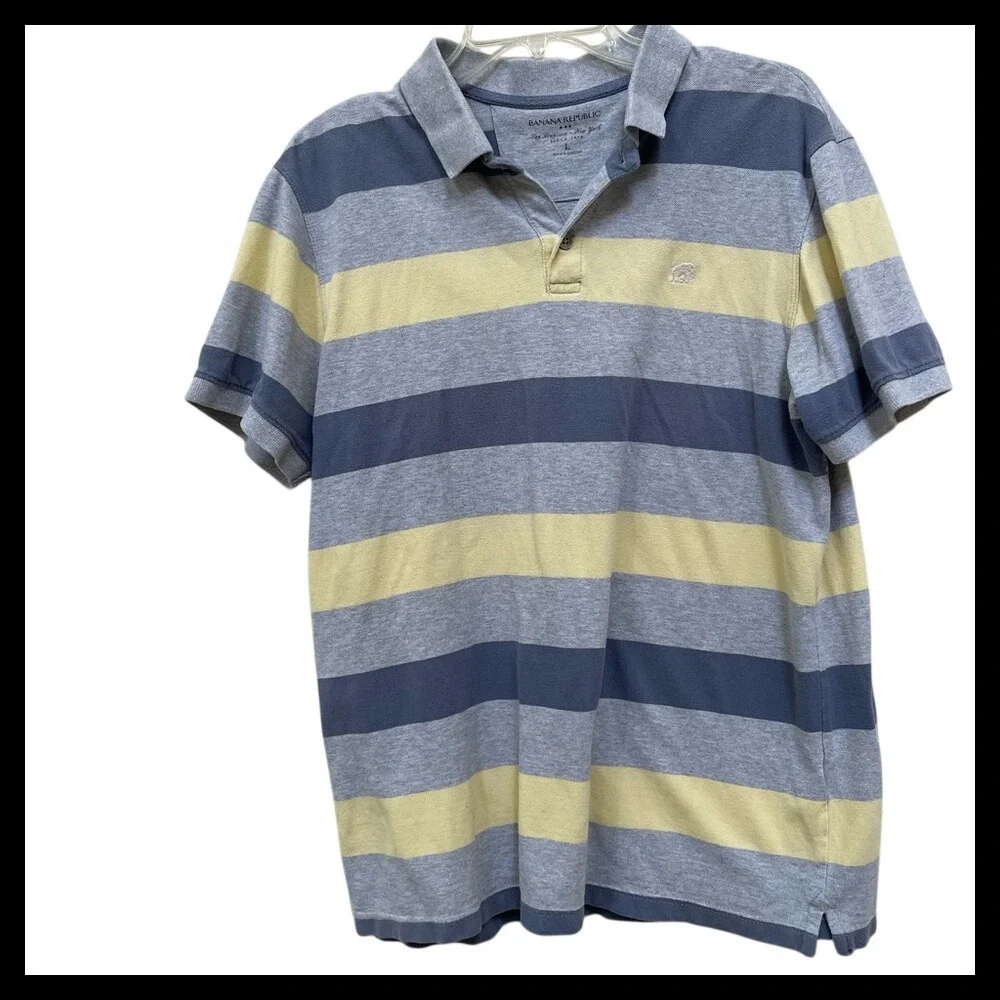 Banana Republic Mens Polo Shirt Striped Gray Blue Yellow Short Sleeve